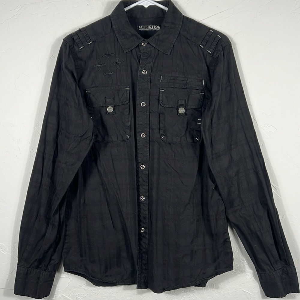 🔥🔥 AFFLICTION Embroidered Black Grunge‎ Long Sleeve Shirt Mens Small - PERFECT
